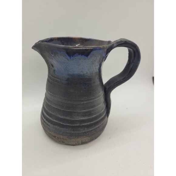 VTG Handcrafted Ceramic Pottery Pitcher Signed J Foltz Blue Black Glaze 5.5" - Picture 1 of 6
